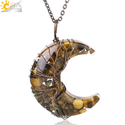 Tree of Life Crescent Moon Pendant – Wire-Wrapped Crystal Necklace