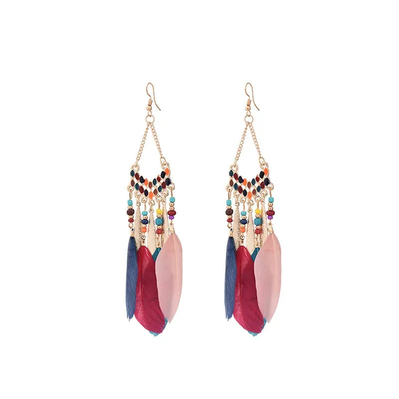 Bohemian Feather Dangle Earrings Long Tassel Colorful Beads