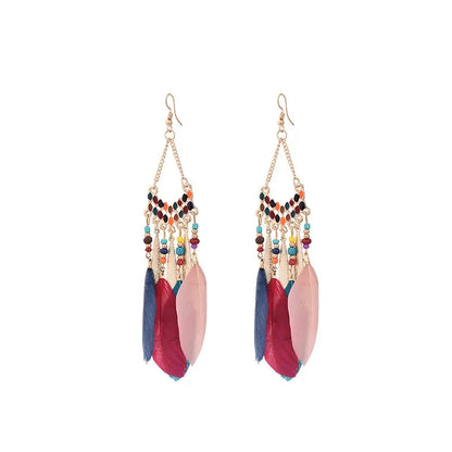 Bohemian Feather Dangle Earrings Long Tassel Colorful Beads