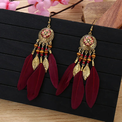 Bohemian Vintage Carved Leaf Feather Tassel Earrings