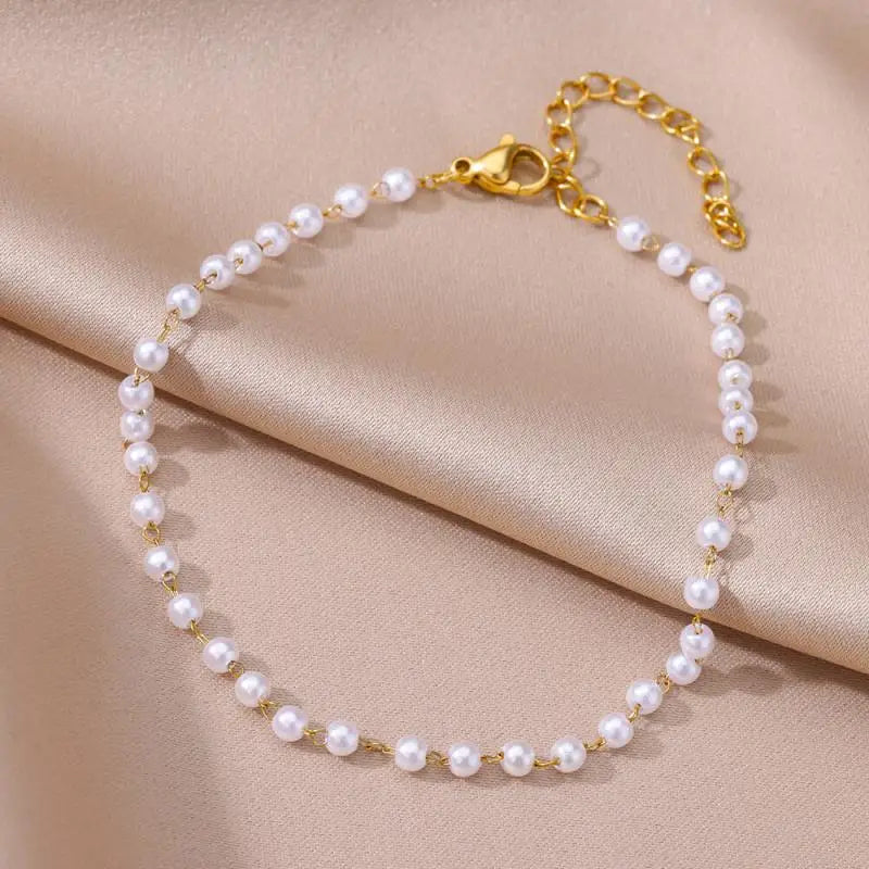 Gold Stainless Steel Imitation Pearl Anklet – Summer Beach Jewelry