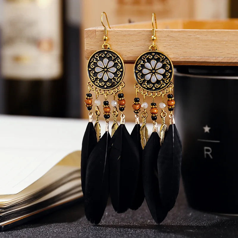 Boho Long Feather Tassel Earrings with Beads & Enamel