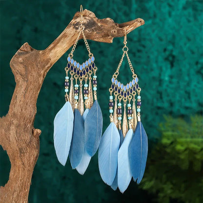 Bohemian Feather Dangle Earrings Long Tassel Colorful Beads