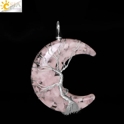 Tree of Life Crescent Moon Pendant – Wire-Wrapped Crystal Necklace