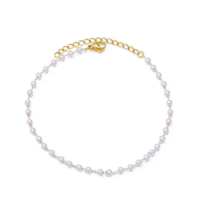 Gold Stainless Steel Imitation Pearl Anklet – Summer Beach Jewelry