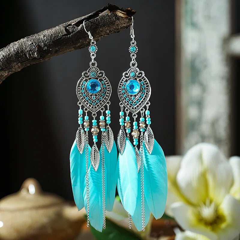 Boho Feather Tassel Earrings – Antique Silver Leaf Drop Earrings