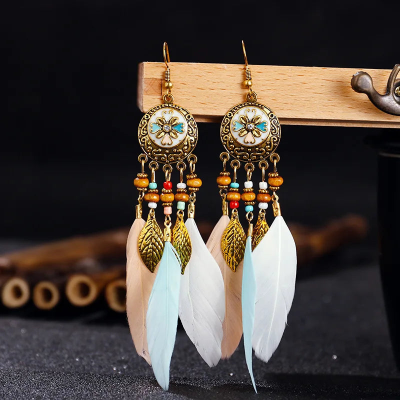 Bohemian Vintage Carved Leaf Feather Tassel Earrings