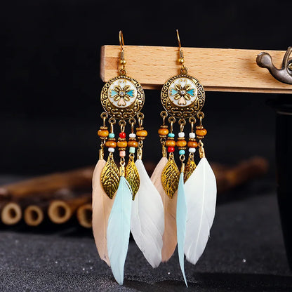 Bohemian Vintage Carved Leaf Feather Tassel Earrings