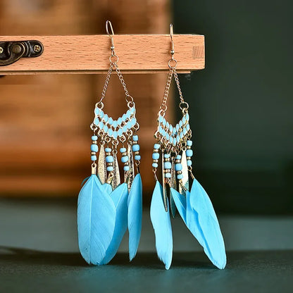 Bohemian Feather Dangle Earrings Long Tassel Colorful Beads