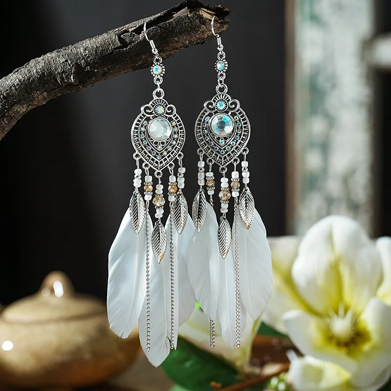 Boho Feather Tassel Earrings – Antique Silver Leaf Drop Earrings