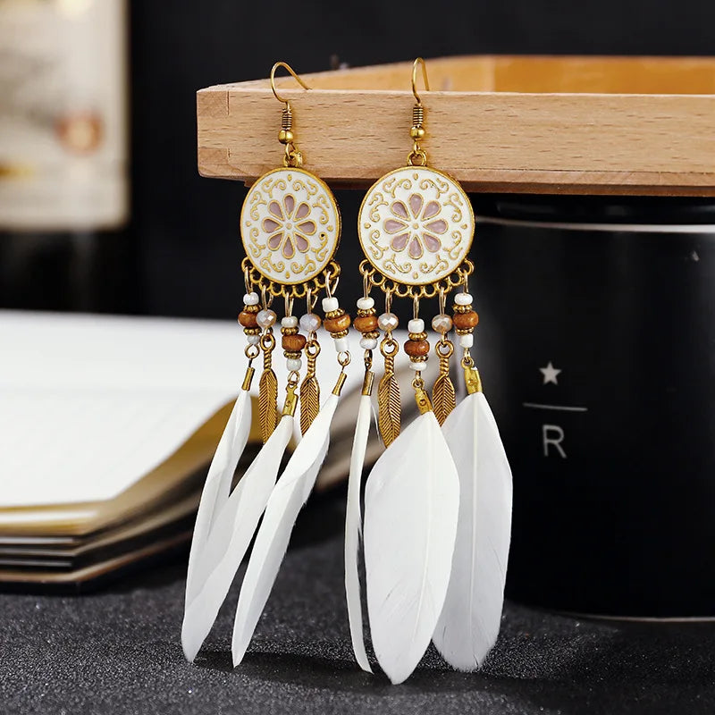 Boho Long Feather Tassel Earrings with Beads & Enamel