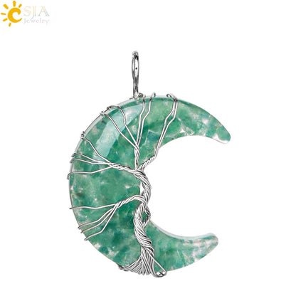 Tree of Life Crescent Moon Pendant – Wire-Wrapped Crystal Necklace