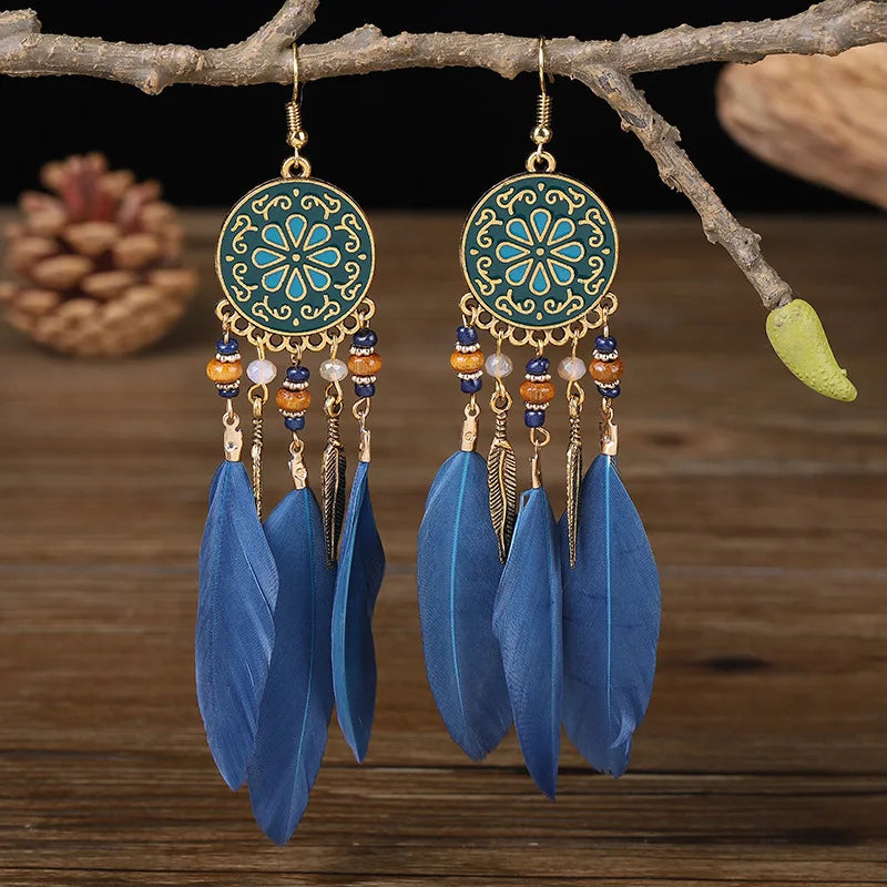 Boho Long Feather Tassel Earrings with Beads & Enamel