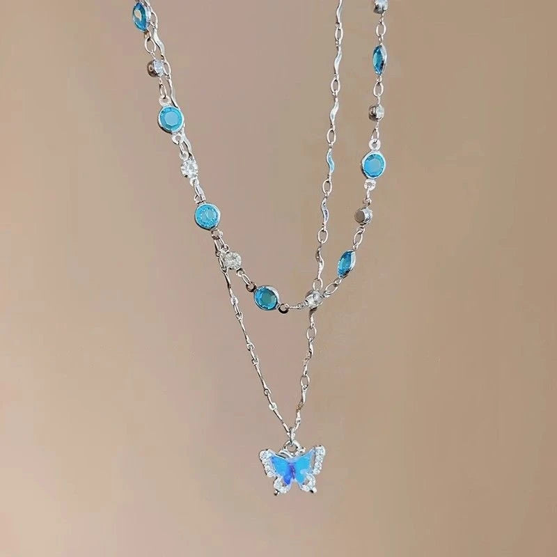 Blue Crystal Butterfly Pendant Necklace