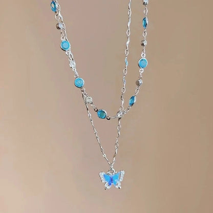 Blue Crystal Butterfly Pendant Necklace