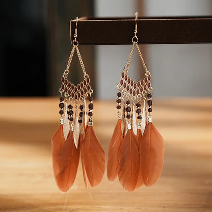 Bohemian Feather Dangle Earrings Long Tassel Colorful Beads