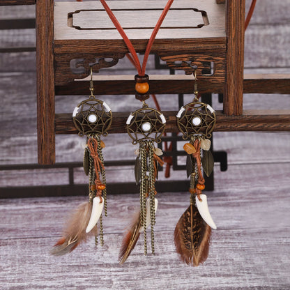 Vintage Boho Feather Tassel Earrings & Leaf Pendant Necklace