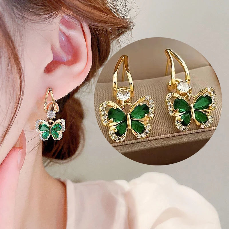 Vintage Green Crystal Butterfly Drop Earrings