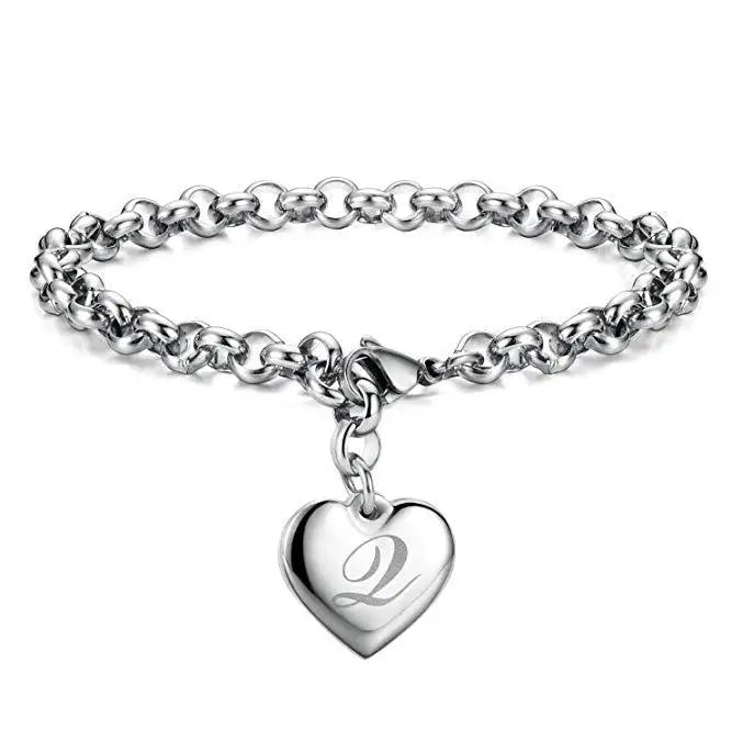 925 Sterling Silver Heart Letter Charm Bracelet for Women