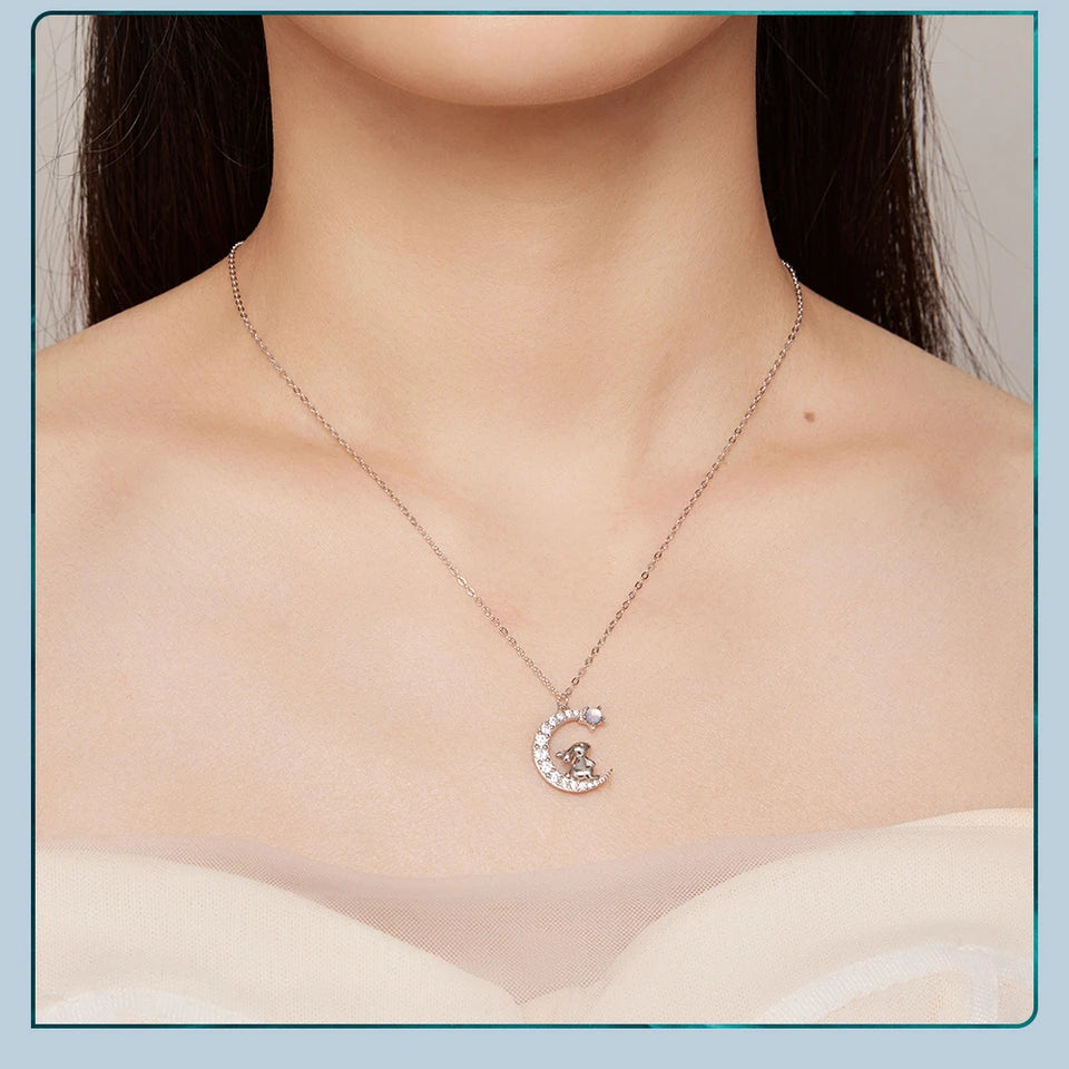 Cat & Rabbit Crescent Moon Necklace – 925 Sterling Silver