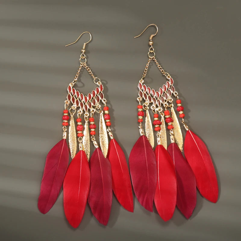 Boho Long Feather Tassel Earrings with Beads & Enamel