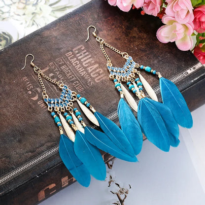 Bohemian Feather Dangle Earrings Long Tassel Colorful Beads