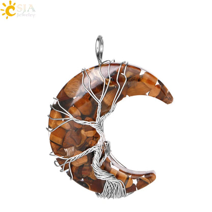 Tree of Life Crescent Moon Pendant – Wire-Wrapped Crystal Necklace