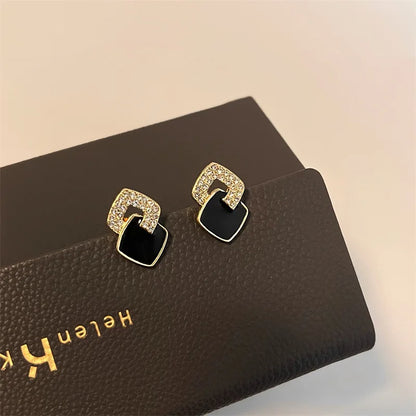 Black Round Rhinestone Drop Earrings - Elegant Hoops