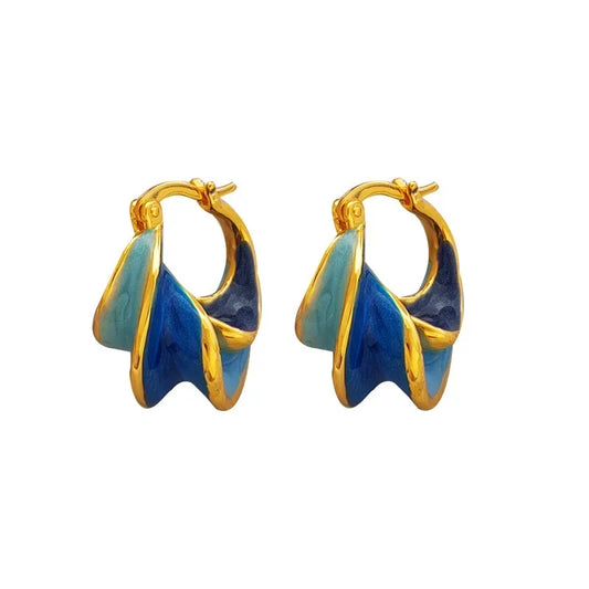 Enamel Wave Hoop Earrings – Textured Blue & Black