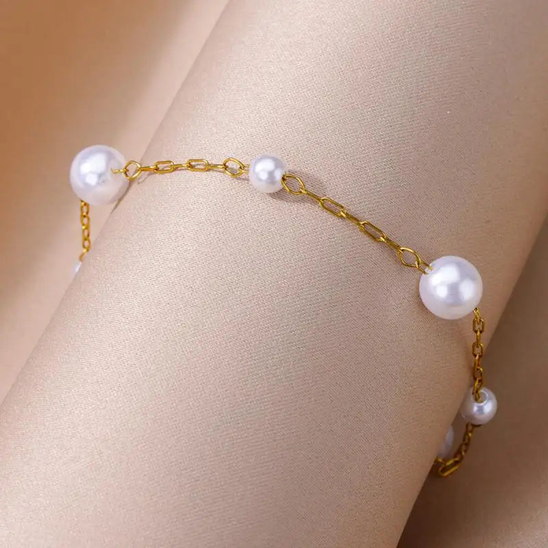 Gold Stainless Steel Imitation Pearl Anklet – Summer Beach Jewelry