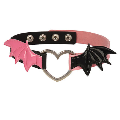 Gothic Bat Wing Choker - Leather Collar with Heart Pendant