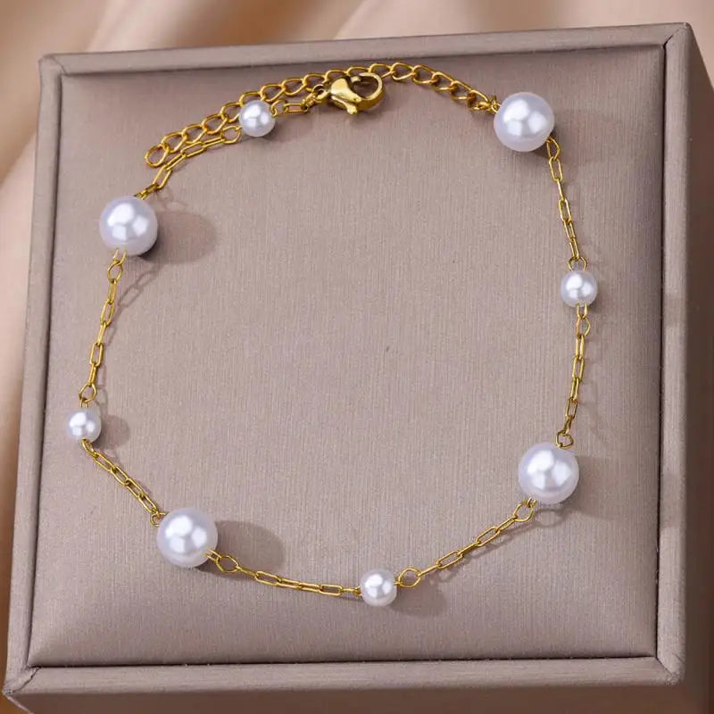 Gold Stainless Steel Imitation Pearl Anklet – Summer Beach Jewelry