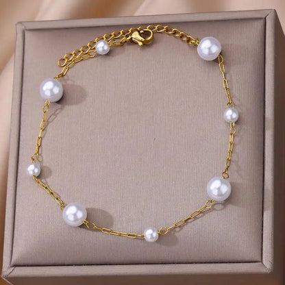 Gold Stainless Steel Imitation Pearl Anklet – Summer Beach Jewelry