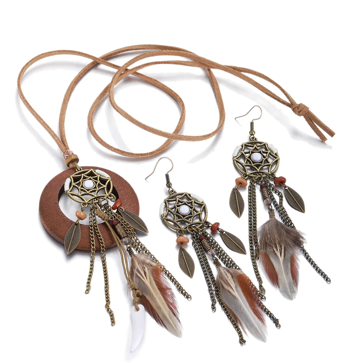 Vintage Boho Feather Tassel Earrings & Leaf Pendant Necklace