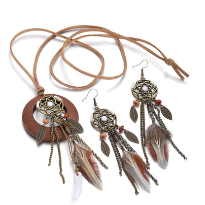 Vintage Boho Feather Tassel Earrings & Leaf Pendant Necklace