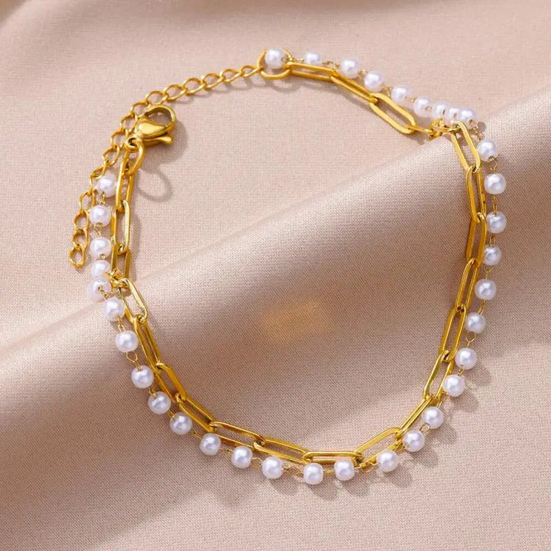 Gold Stainless Steel Imitation Pearl Anklet – Summer Beach Jewelry
