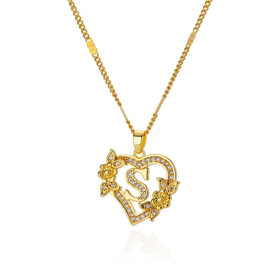 Gold-Plated Floral Heart Charm Necklace – Initial Letter Charm