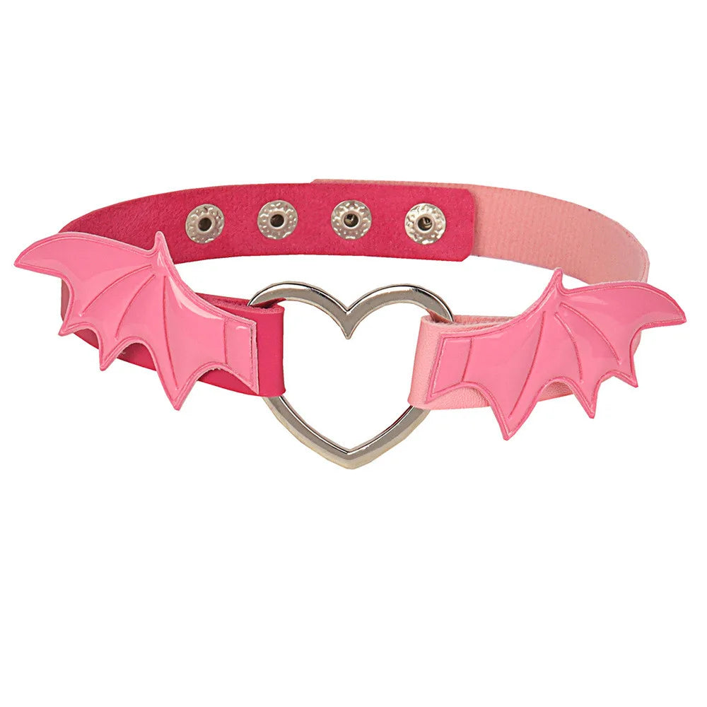 Gothic Bat Wing Choker - Leather Collar with Heart Pendant