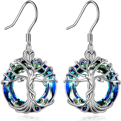 Tree of Life Drop Earrings with Purple & Aurora Crystals