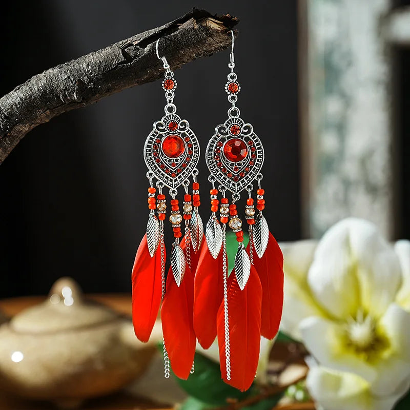 Boho Feather Tassel Earrings – Antique Silver Leaf Drop Earrings