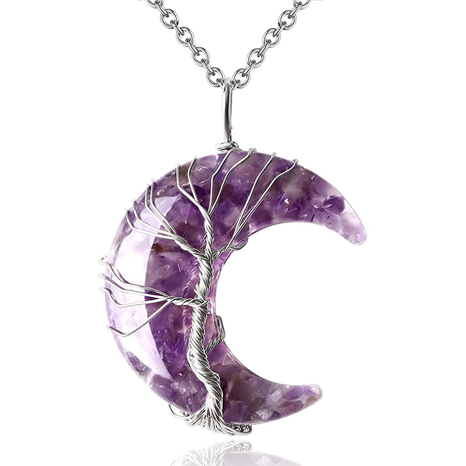 Tree of Life Crescent Moon Pendant – Wire-Wrapped Crystal Necklace