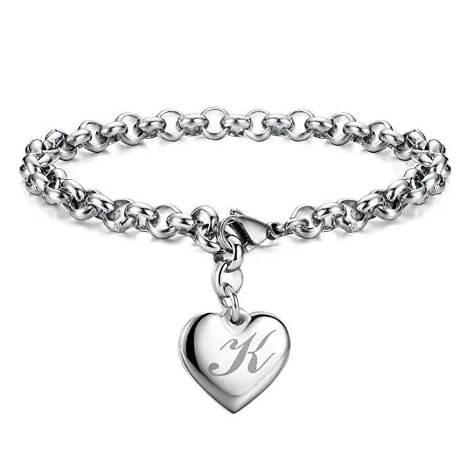 925 Sterling Silver Heart Letter Charm Bracelet for Women
