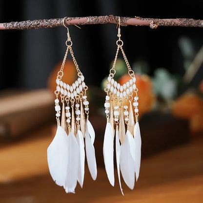 Bohemian Feather Dangle Earrings Long Tassel Colorful Beads