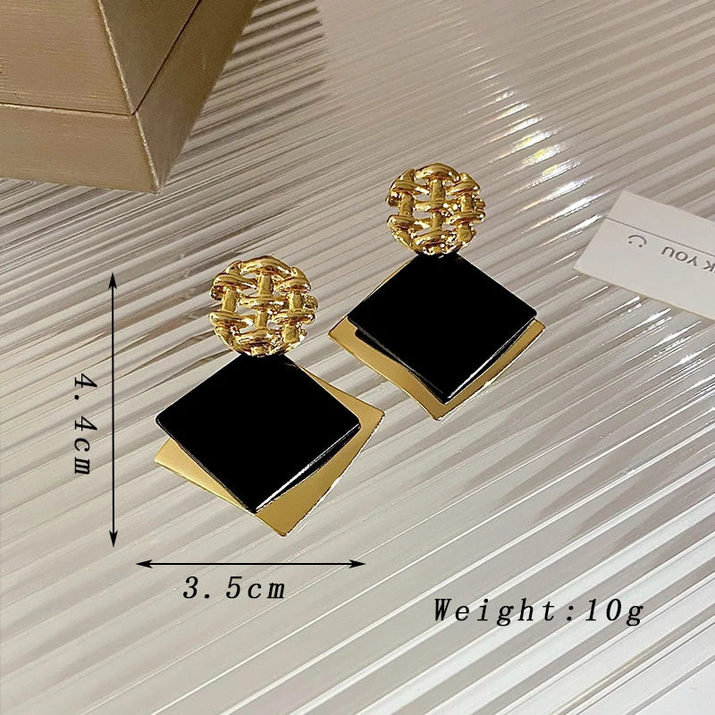 Rhombus Shape Geometric Drop Earrings in Hollow Golden Metal Lattice