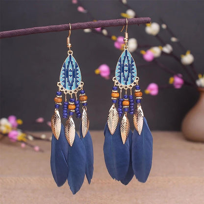 Boho Long Feather Tassel Earrings with Beads & Enamel