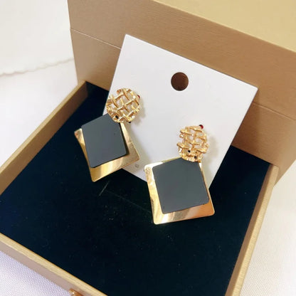 Rhombus Shape Geometric Drop Earrings in Hollow Golden Metal Lattice