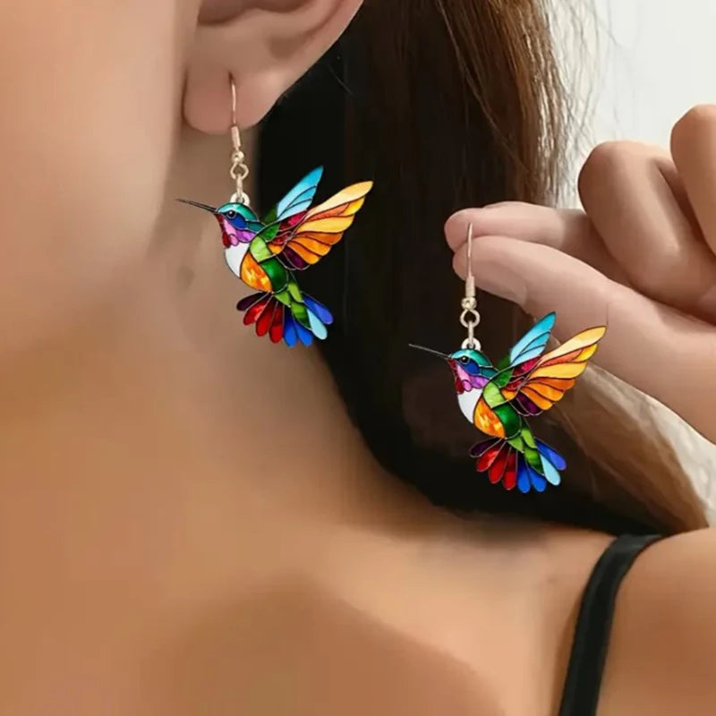 Spring Festival Colorful Bird Hoop Earrings - Acrylic & Stainless Steel