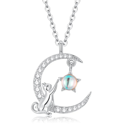Cat & Rabbit Crescent Moon Necklace – 925 Sterling Silver