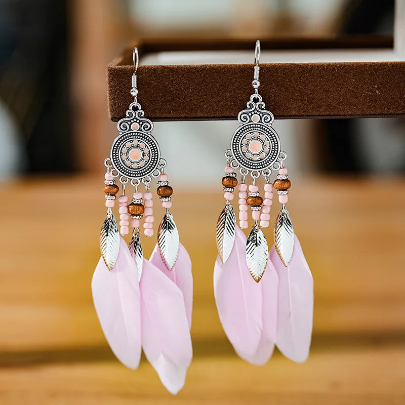 Bohemian Feather Tassel Drop Earrings with Wood Beads
