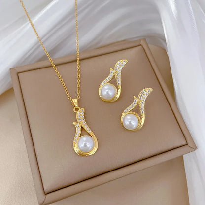 Fox Tail Pearl Jewelry Set - Water Drop Pendant Necklace & Earrings